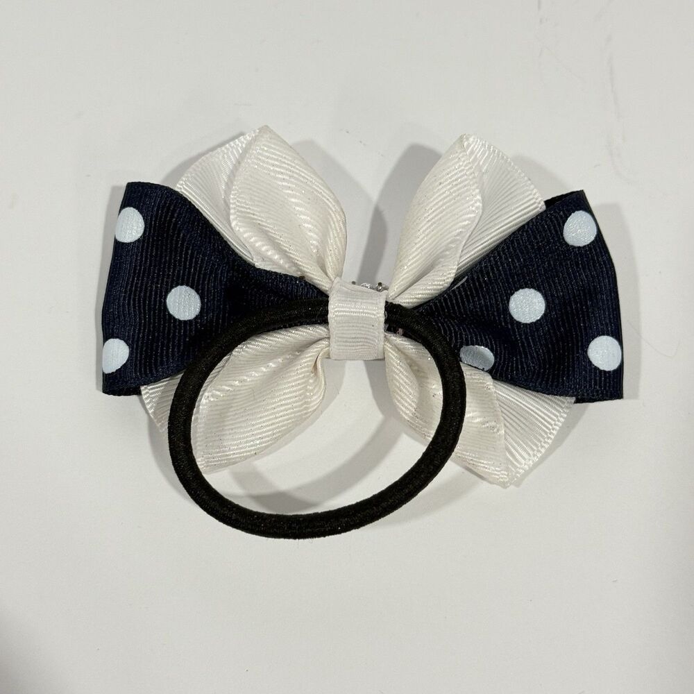 Handmade Navy Blue White Polka Dot Bow Ponytail Holder Elastic Hair Tie - Picture 6 of 7